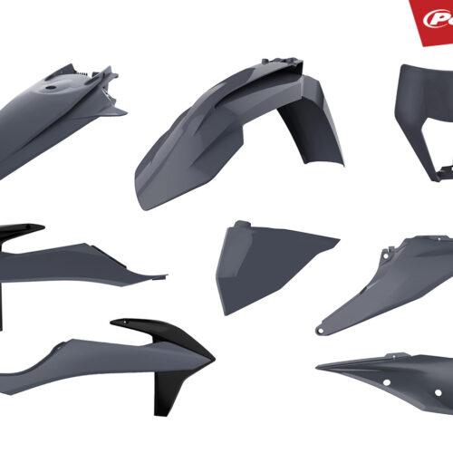 Plastikteile für deine KTM EXC und EXC-F in grau, bestehend aus Frontkotflügel, Heckkotflügel, Tankspoiler, Gabelschoner, Nummerntafeln und Lampenmaske