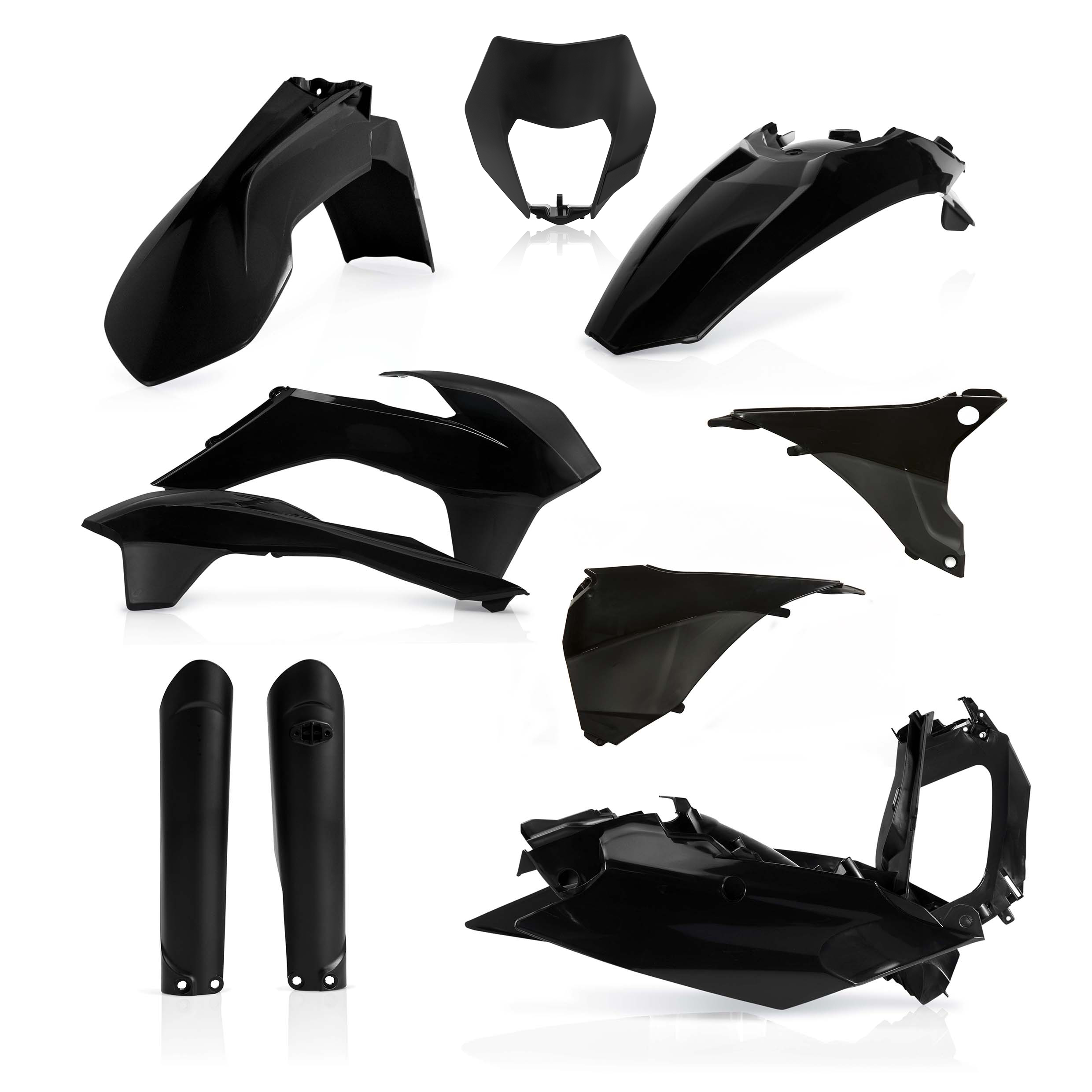 Plastikteile für deine KTM EXC / EXC-F 125-520 in schwarz bestehend aus Kotflügel vorn Kotflügel hinten Kühlerspoiler Gabelschützer Air Box Cover Lampenmaske